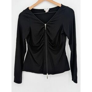 Cache Zip Front Top Women Large Black Long Sleeve Ruched V-Neck Y2K Whimsigoth